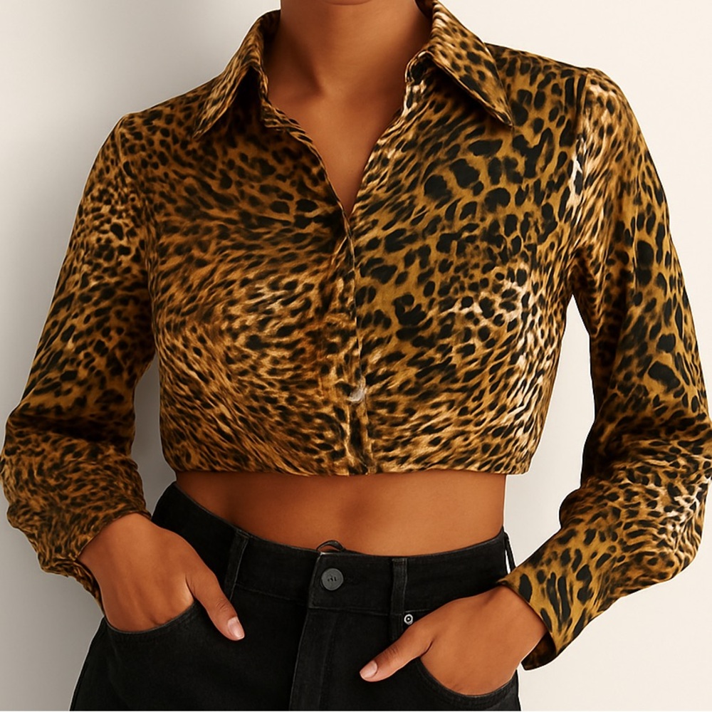Naked Wardrobe Leopard Print Cropped Blouse LARGE